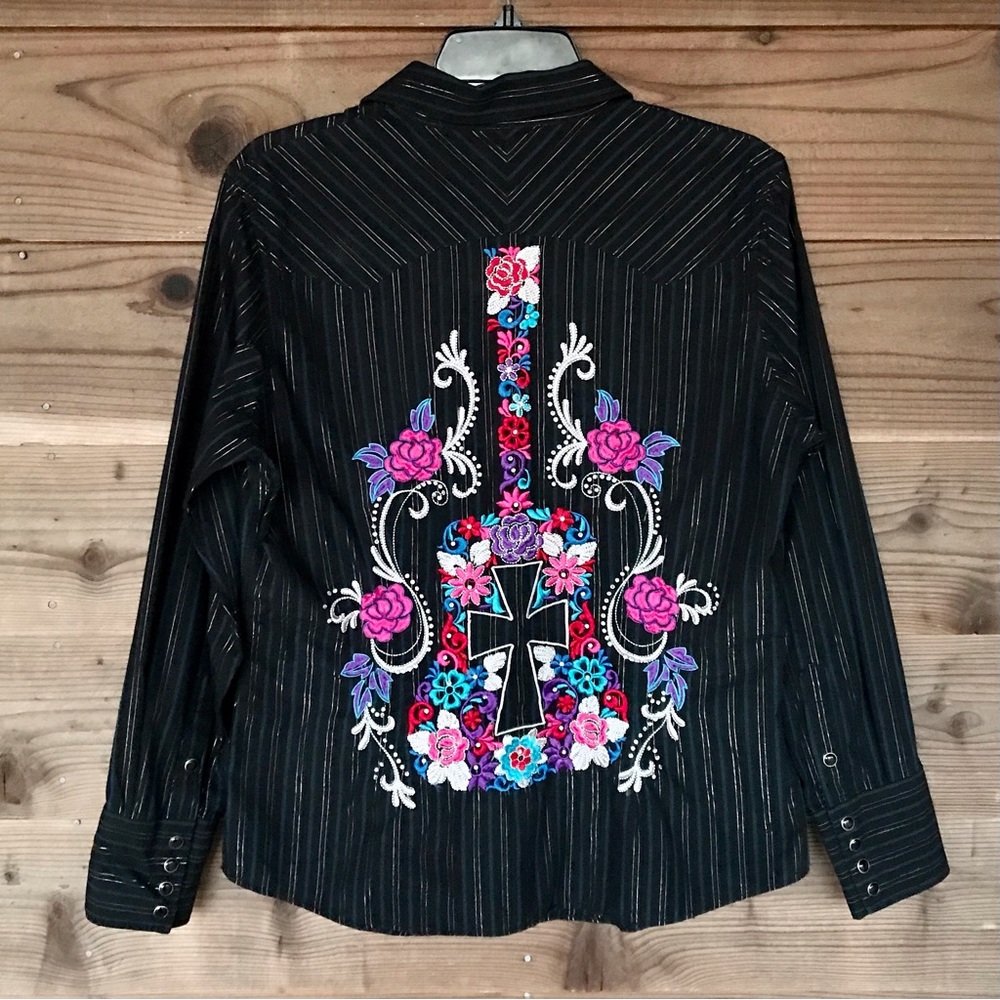 Panhandle Slim Pearl Snap Floral Guitar Embroidered Shirt Size Large